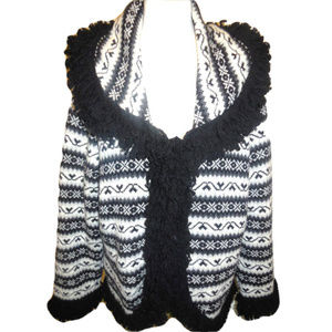 Lamb Wool Cardigan Sweater XL Black White fringe x